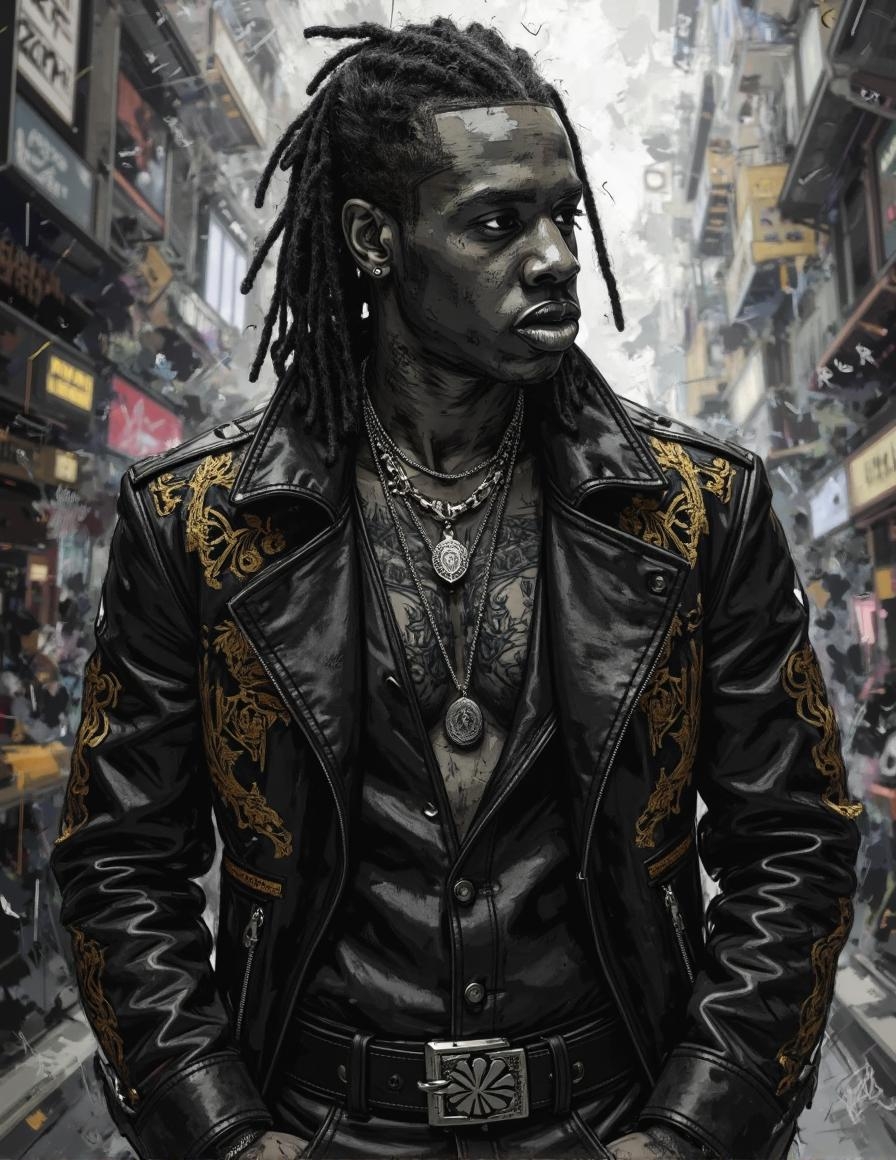 <lora:ck-Ivan-Beslic-Art-Style-000019.safetensors:1> A highly detailed and vibrant digital painting in the style of ck-ib
In the heart of the monochromatic world, the Urban Jester Coat stands as a silent testament to elegance and rebellion. Rendered in shades of black, white, and gray, the coat’s premium black leather takes on a deep, matte finish, its surface catching the light in subtle, stark contrasts. The intricate paisley embroidery, once a burst of gold, now appears as a delicate network of silvery threads, weaving a pattern that seems to dance in the shadows. The deep V-neck cut, revealing a chiseled chest, now emphasizes the interplay of light and shadow, the contours of the wearer’s form defined by the stark gradients.
The man donning the coat is a commanding presence, his muscular build and strong face rendered in a palette of deep grays. His braided dreadlocks, now a cascade of dark, textured strands, frame a face that exudes both strength and mystery. The tattoos on his skin, once vibrant, now appear as intricate etchings, blending seamlessly with the shadows. Multiple layers of necklaces, now silhouetted in silver, add a touch of understated luxury.
The belt, with its striking silver buckle, now serves as a focal point, its polished surface reflecting the ambient light. The coat’s intricate stitching and hardware, once bold and vivid, now create a tapestry of textures and contrasts, each detail standing out in the monochromatic realm. The softly blurred background adds a dreamlike quality, enhancing the coat’s allure and mystique.
This transformation strips away the vibrancy, leaving behind a world that is timeless and enigmatic, where the textures and details of the coat and the man’s presence are elevated to a realm of subtle beauty and profound depth.