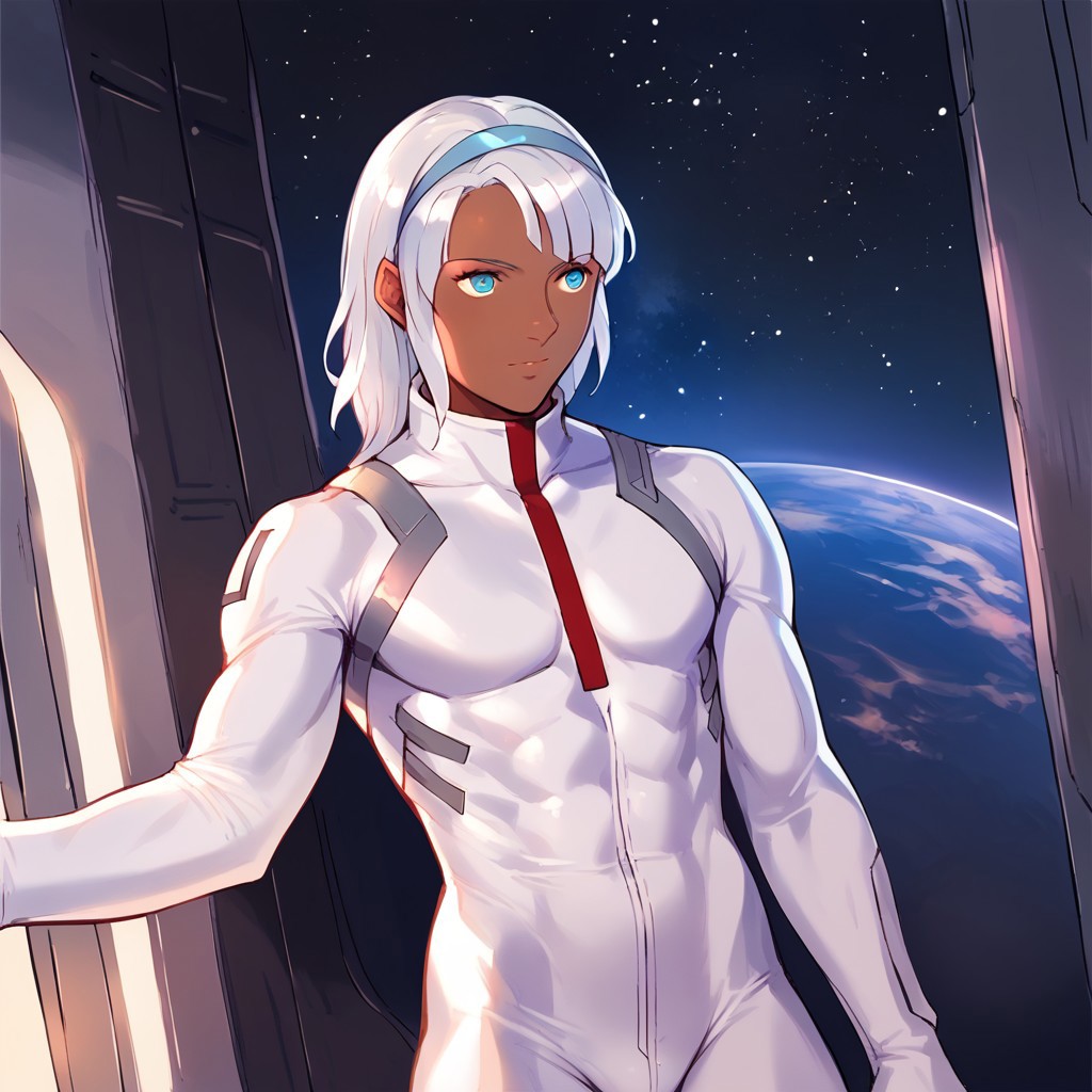 by laserflip, score_9, score_8_up, score_7_up, 1boy, femboy, loran, loran cehack, loran gundam, dark skin, white hair, blue eyes, white hairband, toned, white bodysuit, space, space station, dynamic angle, solo, solo focus,