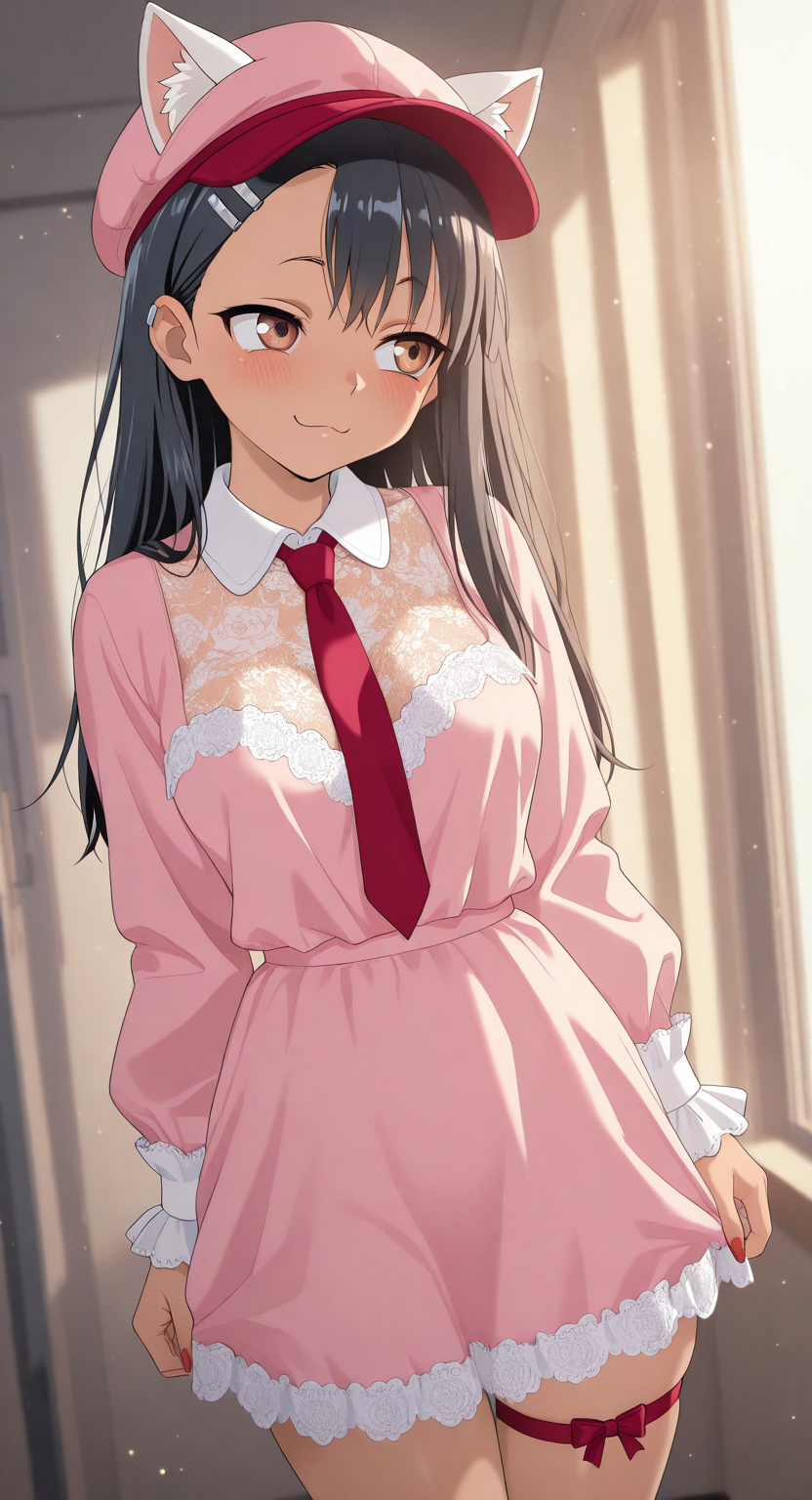 masterpiece, cute, lovely, (best quality:1.3), best quality, (amazing quality:1.3) ,very aesthetic, high resolution, absurdres, newest, perfect eyes, intricate eyes, 1girl, solo ,(trg_sain), Nagatoro_Hayase_Style, black_hair, (brown_eyes), long_hair, bangs, hairclip, hair_ornament, straight_hair, very cute, light particles, cute details, cute colors, (medium_breasts:1.3), (mature woman:1.3), tall, BREAK, (cat ears:1.15), cowboy shot, dutch angle, red fingernails, long fingernails,backlighting, sidelighting, bokeh, bloom,Lace-trimmed wrap-front bodysuit with cap sleeves. , seductive,1girl, vibrant colors, light particles, drawn neon cat, neon light, frilly socks, thigh strips, detailed, detailed background, detailed clothing, detailed hair, skin folds, intricate, volumetric lighting, dramatic lighting, very awa, very aesthetic, dynamic, cinematic, lazypos, Floral chiffon blouse with tie neckline and elastic cuffs.