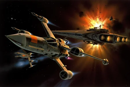 ralphmcq1 painting.
a dramatic space battle scene from the Star Wars universe. Two B-Wing rebel fighters, with distinctive wing design and a cockpit section, are flying away from an Imperial Star Destroyer that is exploding. The Death Star and a planet are in the background.
<lora:ralphmcq_cap_d6a3:1.0><lora:830318015842301287:0>