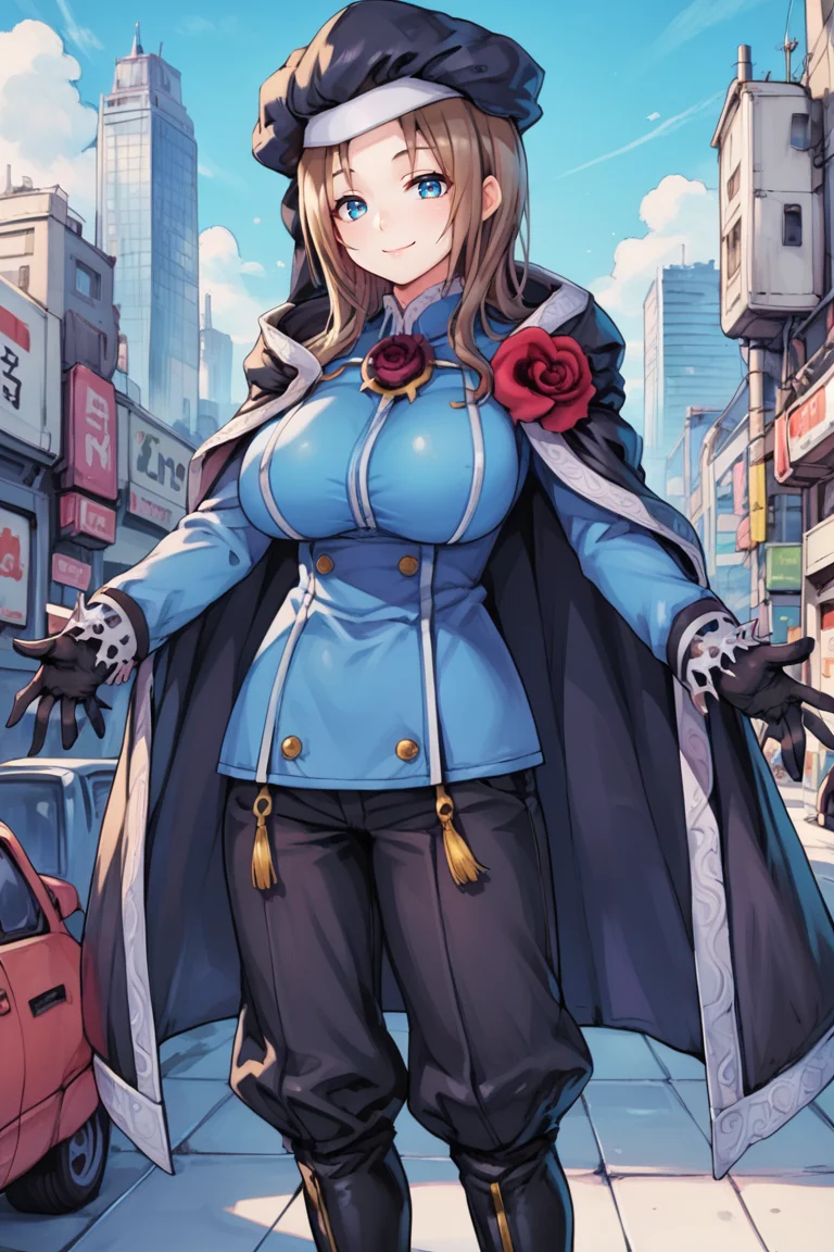 (score_9, score_8_up, score_7_up, score_6_up), source anime, BREAK, ,<lora:Roswell_Branthese:0.65> , RoswDef, 1girl, brown hair, blue eyes, black beret, black cloak, blue uniform, huge breasts, puffy pants, black pants, black gloves, black footwear, rose, smile, closed mouth, looking at viewer, solo, cowboy shot, <lora:zy_Detailed_Backgrounds_v1:0.5> , detailed background, highly detailed, city, skyscrapers, exterior, <lora:CyanVanilla:0.55> , cyanbl, sunset atmosphere, cyan shadows,