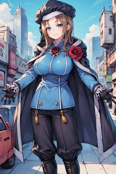 (score_9, score_8_up, score_7_up, score_6_up), source anime, BREAK, ,<lora:Roswell_Branthese:0.65> , RoswDef, 1girl, brown hair, blue eyes, black beret, black cloak, blue uniform, huge breasts, puffy pants, black pants, black gloves, black footwear, rose, smile, closed mouth, looking at viewer, solo, cowboy shot, <lora:zy_Detailed_Backgrounds_v1:0.5> , detailed background, highly detailed, city, skyscrapers, exterior, <lora:CyanVanilla:0.55> , cyanbl, sunset atmosphere, cyan shadows,