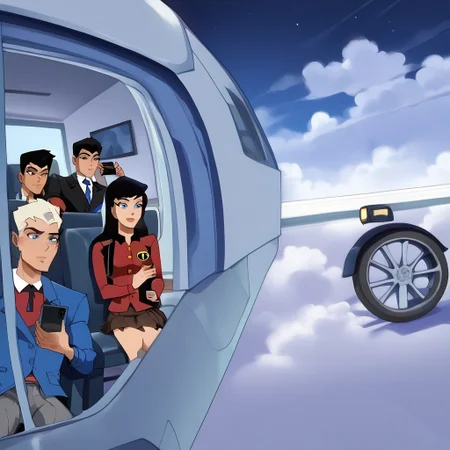 score_9, score_8_up, score_7_up, score_6_up, masterpiece, top-quality, full-color,very detailed, high detailed texture, Clear facial features
Multiple people sat in their seats filming out the window with their phones,(1 girl 3 man),sit on the seat,Look out of the porthole,Smartphone, (Hold up your smartphone and shoot:1.3),
lois lane,1girl,long hair,black hair,red suit, pleated skirt, brown skirt,sit down,sit on the seat,Smartphone shooting,<lora:Lois_Lane:0.8>
BREAK
nightwing,1man,black hair,blue eyes,Blue shirt, gray pants,sit down,sit on the seat,Smartphone shooting,<lora:Nightwing:0.6>
BREAK
Jimmy, 1boy,short hair, black hair, black eyes,blue jacket, shirt, jacket, red shirt, long sleeves, pants,sit down,sit on the seat,Smartphone shooting,
<lora:Jimmy:0.7>
BREAK
damian wayne DCAU, 1boy,black hair, white shirts,black pants, sit down,sit on the seat,Smartphone shooting,<lora:Damian _Wayne_DCAU:0.5>
(In the Clouds:1.3), Floating in Clouds,Near the window of the passenger aircraft