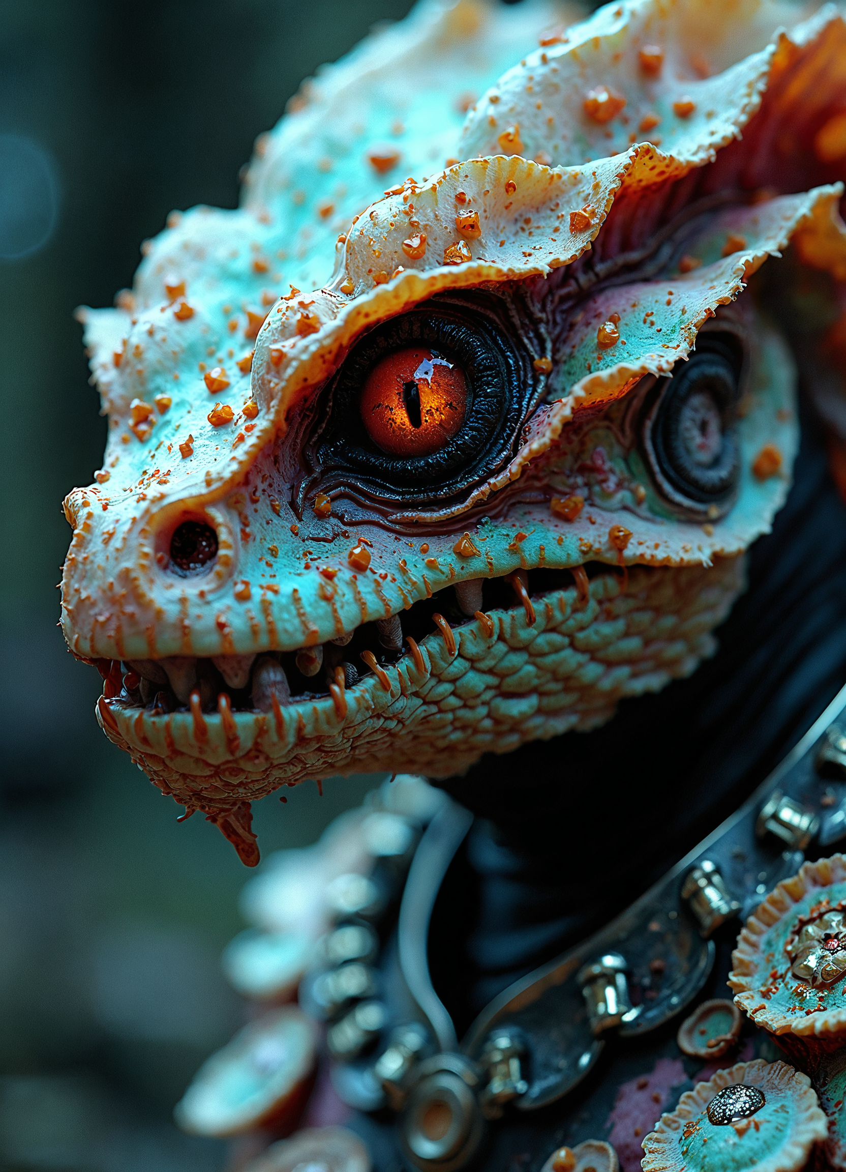 vivid colors, Photorealistic, extremem Closeup of an organic translucent fungus/reptilian creature, charming but dangerous, flat color two toned in bleaked translucent turquoise-black-pink and Grey, resembling a mushroom syberian masked intricate designed haitian Warrior in Relief high collar metal armor, cinematic lighting, insane details, hyperrealistic extreme closeup macro photography, 64 megapixel DSLR