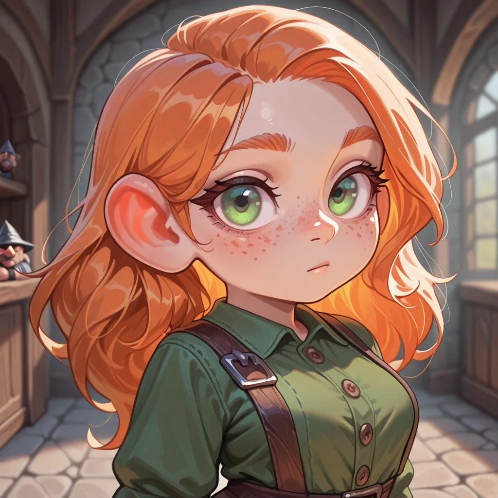 masterpiece, best quality, amazing quality, very aesthetic, solo, upper body,
gnome, short stature, shortstack, big eyes, big ears,
1 girl, female focus, ginger hair, long hair, green eyes, freckles, green shirt, medieval office shirt,
looking at the viewer, posing,
fantasy background, blurred background,