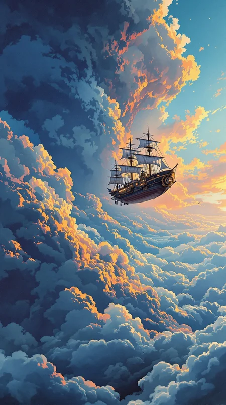 A steampunk airship sailing over volcanic clouds, painted in classic romanticism landscape style combined with comic book heavy ink outlines, rich emotional skies contrasted with bold crisp paneling