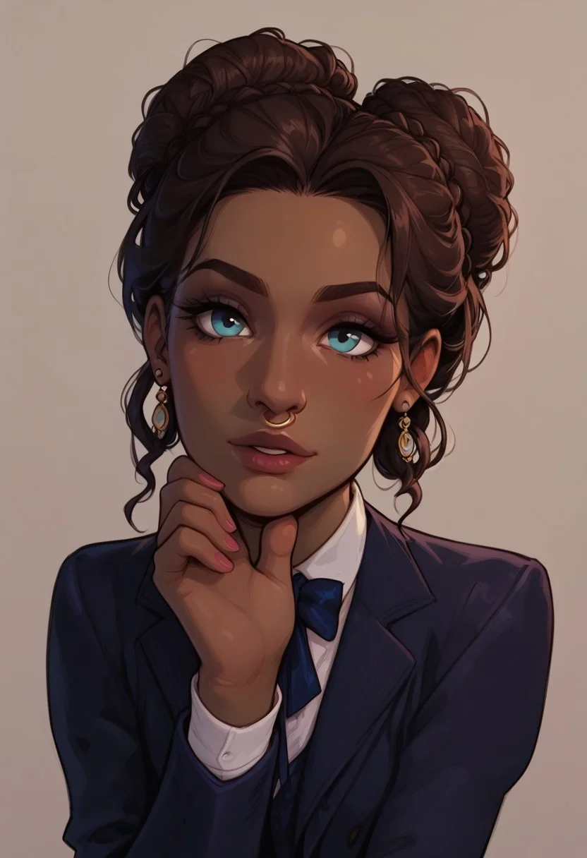 masterpiece,best quality, highly detailed, score_9, score_8_up, score_7_up, score_6_up,source_cartoon,
BREAK, 1girl, victorian london, lace, blazer, dark skin, dreadlock bun, nose ring