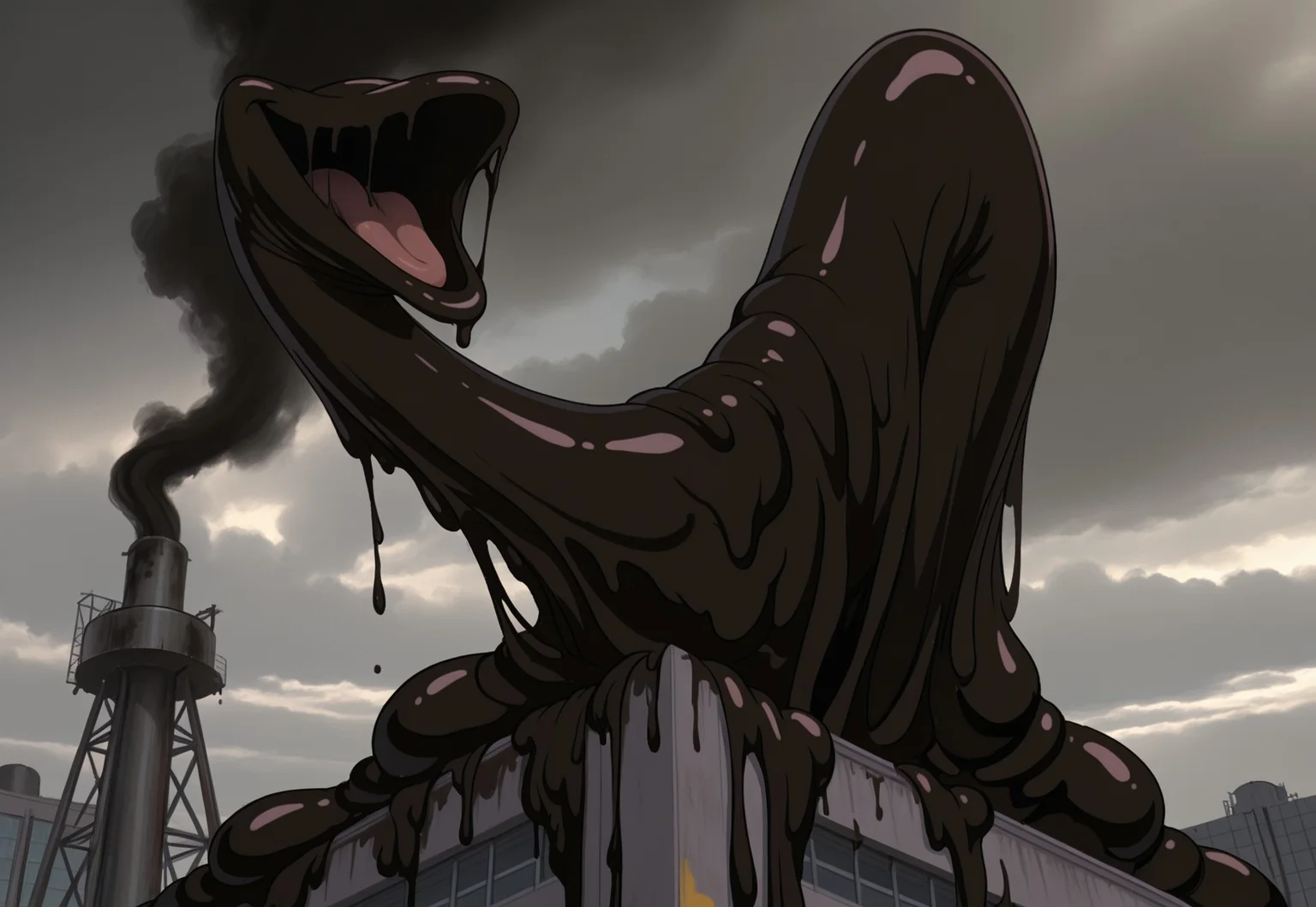 safe_pos, masterpiece, best quality, highly detailed, realistic, SlimeHexxus, 1boy, solo, monster, sludge, goo creature, slime, brown body, eyeless, noseless, factory, smoke, smoke pipes, black smoke, hazardous area, rooftop, top of building, cloudy, sky, detailed background, smile, open mouth, big mouth, dripping, tongue, black smoke, (long neck), low-angle view