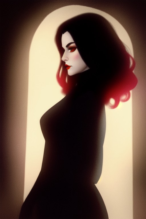 Romanian vampire girl, 23 years old, (beautiful:1.75), (very pale skin:1.35), (gothic makeup:0.99), (Red Lipstick:1), (black hair), (anime:0.35), (oval face:0.25), (night), (front view:1.25), (elegant), 10 minutes before the world will end, hyper-realistic, ultra-detailed, insanely detailed, 4k, realistic 8k, shot on portra 400, (back light)