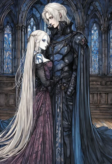 amano, 1boy, white hair, long hair, blue eyes, pale skin, closed mouth, wearing(gothic medieval clothing), in ballroom, anatomically correct, masterpiece, best quality, high quality, ultra details, perfect anatomy, 4k, 8k, quality lighting,