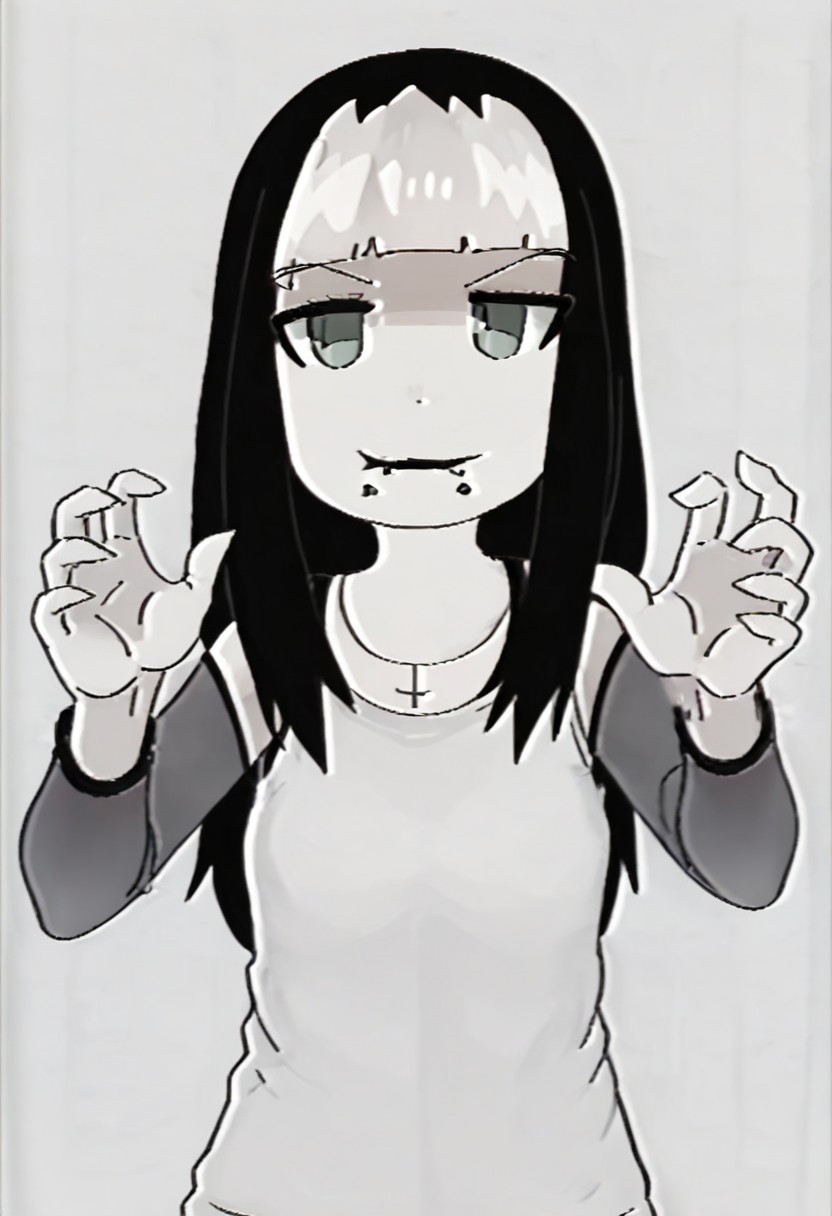 score_9,score_8_up,score_7_up,score_6_up, source anime BREAK, 
1girl, Tiffy, multicolored hair, two tone hair, black hair, white hair, long hair, lip piercing, solo, dynamic pose, potrait, white background