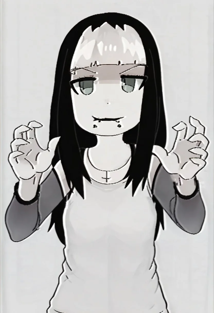 score_9,score_8_up,score_7_up,score_6_up, source anime BREAK,
1girl, Tiffy, multicolored hair, two tone hair, black hair, white hair, long hair, lip piercing, solo, dynamic pose, potrait, white background
