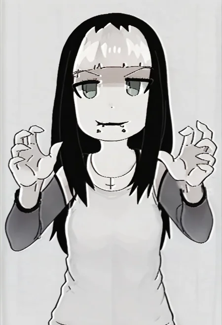 score_9,score_8_up,score_7_up,score_6_up, source anime BREAK,
1girl, Tiffy, multicolored hair, two tone hair, black hair, white hair, long hair, lip piercing, solo, dynamic pose, potrait, white background