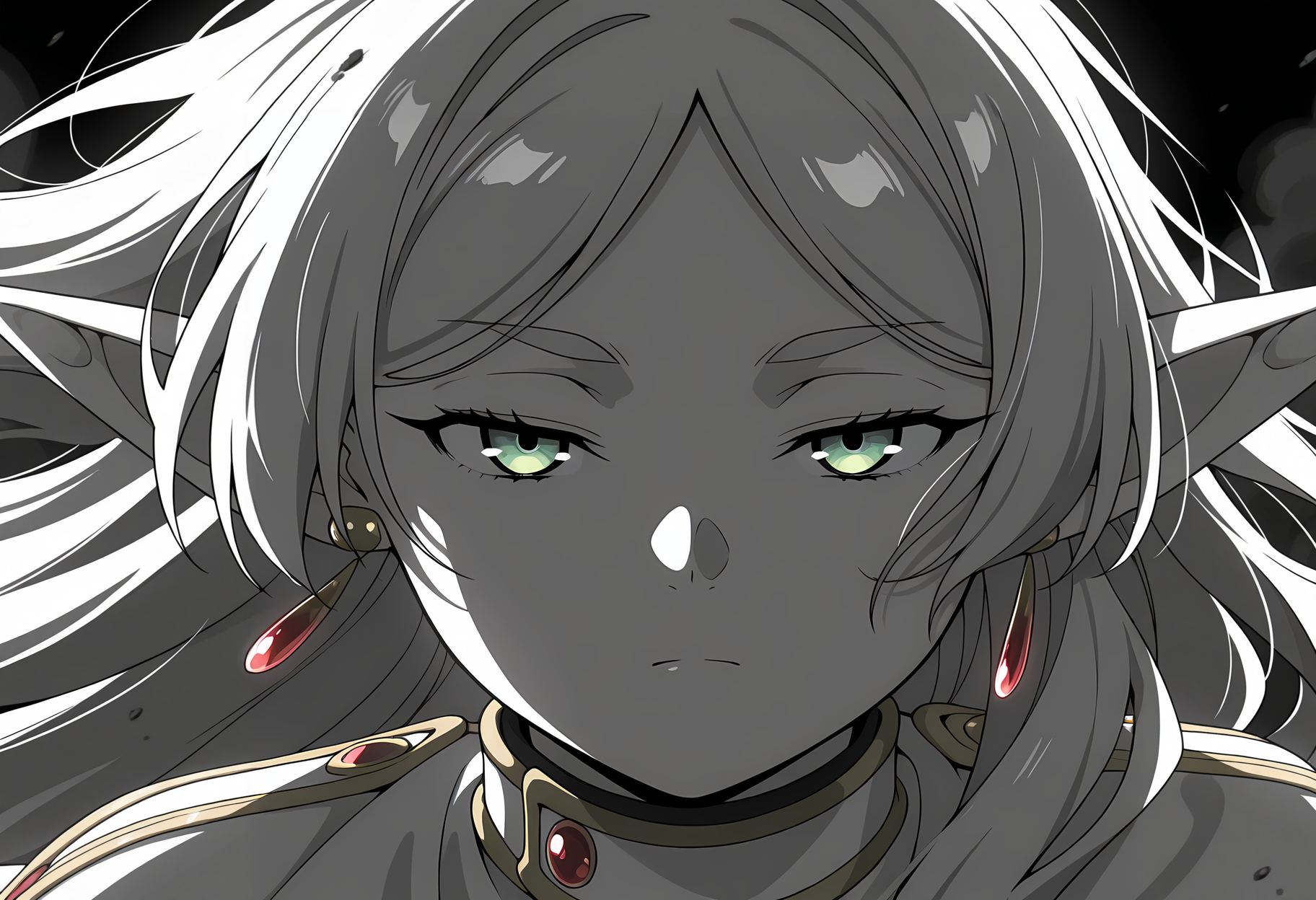 anime screencap, masterpiece, best quality,
<lora:SousouNoFrieren_Frieren_IlluXL:0.9>,
1girl, solo, closed mouth, serious, floating hair, messy hair, half-closed eyes,
grey hair, long hair, green eyes, parted bangs, earrings, pointy ears,
FrierenCasual, white capelet,
looking at the viewer, close-up, (greyscale:1.2),
black theme, dark, dust, dust cloud, black background, backlighting, shade