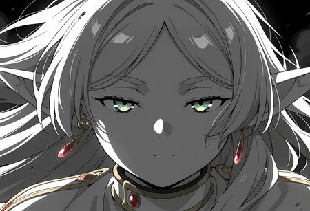 anime screencap, masterpiece, best quality,
<lora:SousouNoFrieren_Frieren_IlluXL:0.9>,
1girl, solo, closed mouth, serious, floating hair, messy hair, half-closed eyes,
grey hair, long hair, green eyes, parted bangs, earrings, pointy ears,
FrierenCasual, white capelet,
looking at the viewer, close-up, (greyscale:1.2),
black theme, dark, dust, dust cloud, black background, backlighting, shade