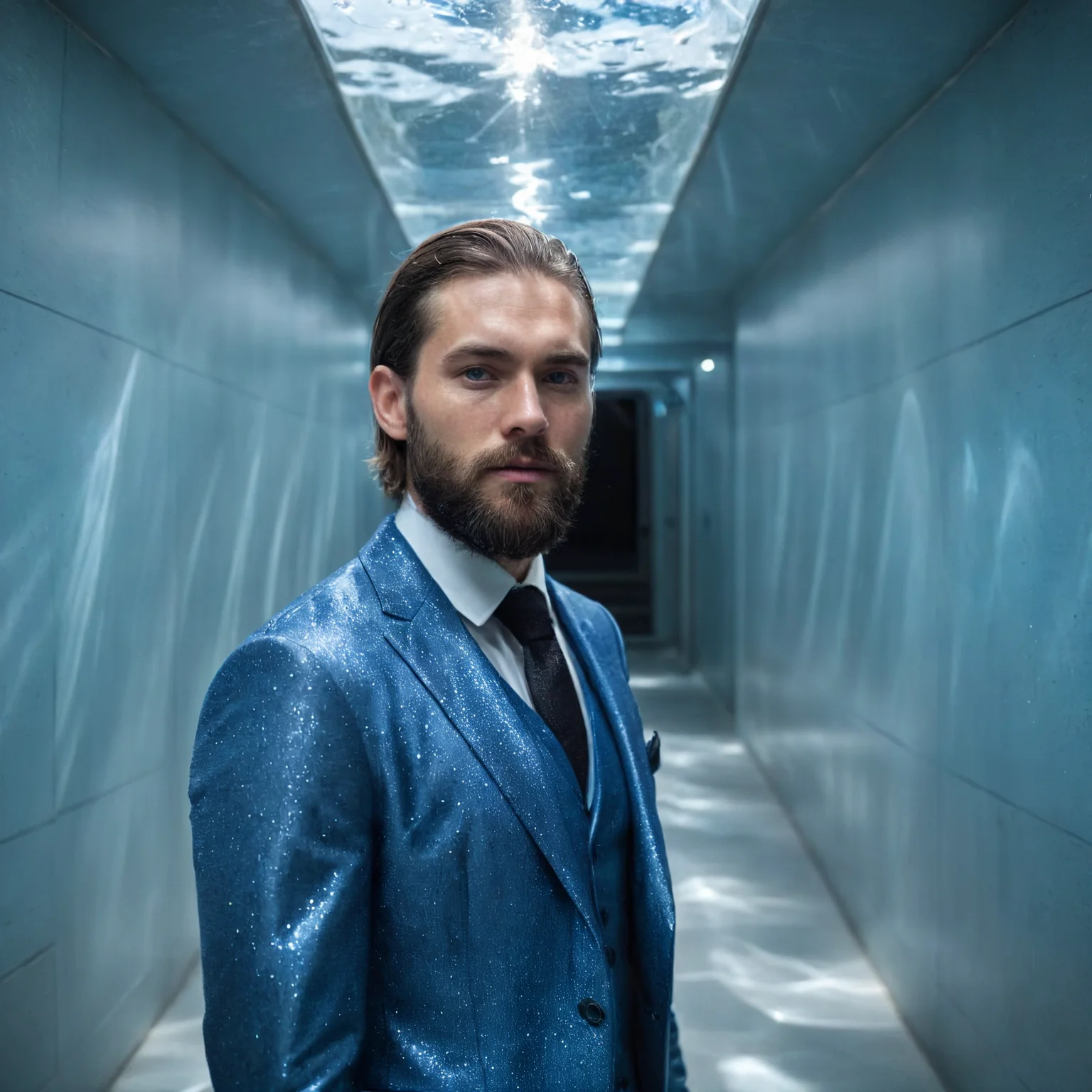 RAW photo, exterior photo, full body shot from the front of a beautiful man with a beard in a grey suite, he stands in a (liminal space) glass corridor with caustics, walls are cystal clear swimming pools, full sharp, detailed face, blue eyes, (high detailed skin:1.2), 8k uhd, dslr, soft lighting, high quality, film grain, Fujifilm XT <lora:polyhedron_caustics-000006:0.8>
focus on eyes, spotted light on her face, face towards sun, light on face, sun on face, backlit, rim light, focus on eyes, clear eyes, shiny eyes, glittering eyes, light reflections in his eyes, winter white skin, pale skin, dry skin, clear skin, oiled shiny skin, blush, flushed cheeks, visible skin detail, skin pores, imperfect skin, skin blemish, few freckles, skin fuzz, beauty spot, moles <lora:polyhedron_all_sdxl-000004:0.1>