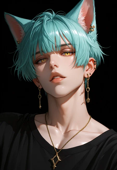 masterpiece, very aesthetic, F4UXM3D14, 1boy, male focus, jewelry, solo, animal ears, earrings, piercing, necklace, cat ears, looking at viewer, portrait, parted lips, shirt, ear piercing, short hair, lips, black shirt, bangs, yellow eyes, collarbone, black background, extra ears, aqua hair, cat boy, painterly, traditional media, gouache, oil paint, painting, faux traditional media
