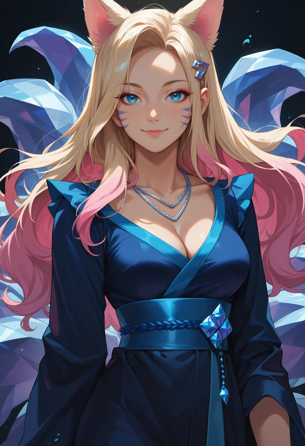 score_9, score_8_up, score_7_up, source_anime, <lora:Ahri_KDAAllOut_pdxl_Incrs_v1:0.8>, ahrikdaallout, animal ears, facial mark, blue eyes, breasts,
multiple tails, blue tail,
multicolored hair, long hair, blonde hair, pink hair, hair ornament,
makeup,
1girl, (black kimono:1.2), breasts, cleavage, closed mouth, cowboy shot, hair ornament, heart, heart necklace, jewelry, long hair, looking at viewer, necklace, wardrobe malfunction, signature, smile, solo, messy hair,