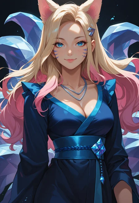 score_9, score_8_up, score_7_up, source_anime, <lora:Ahri_KDAAllOut_pdxl_Incrs_v1:0.8>, ahrikdaallout, animal ears, facial mark, blue eyes, breasts,
multiple tails, blue tail,
multicolored hair, long hair, blonde hair, pink hair, hair ornament,
makeup,
1girl, (black kimono:1.2), breasts, cleavage, closed mouth, cowboy shot, hair ornament, heart, heart necklace, jewelry, long hair, looking at viewer, necklace, wardrobe malfunction, signature, smile, solo, messy hair,