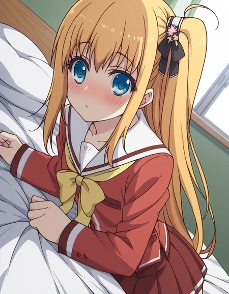 score_9, score_8_up, score_7_up, source_anime,
yusakurobane, <lora:yusa-kurobane-s1-ponyxl-lora-nochekaiser:1>,
yusa kurobane, long hair, blue eyes, blonde hair, hair ornament, ribbon, hair ribbon, one side up, side ponytail,
school uniform, serafuku, long sleeves, red blazer, red skirt, pleated skirt, white sailor collar,
indoors, bed, bed room, on side, blush, drunk,
looking at viewer, cowboy shot, solo, dutch angle,