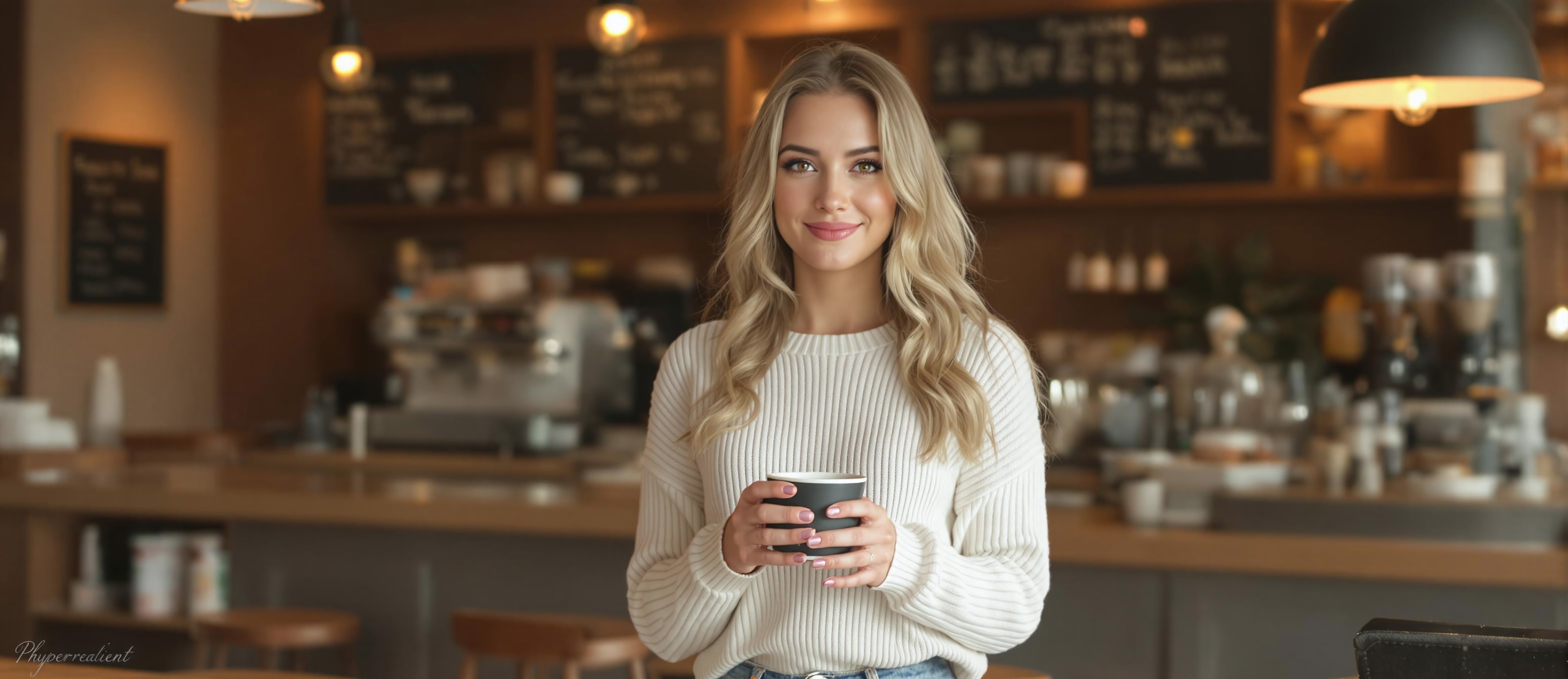 "Full-body shot of a beautiful Russian woman with golden blonde hair, light brown eyes, and a sharp nose, standing in a cozy coffee shop, wearing a white sweater and jeans, holding a coffee cup, soft warm lighting, natural expression, slight smile, background of wooden tables and coffee machines." (hyperrealistic:1.3), (photorealistic:1.2), cinematic lighting, ultra-detailed body features.” straight ahead in a calm expression, (hyperrealistic:1.3), 8k resolution, high dynamic range, 