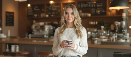 "Full-body shot of a beautiful Russian woman with golden blonde hair, light brown eyes, and a sharp nose, standing in a cozy coffee shop, wearing a white sweater and jeans, holding a coffee cup, soft warm lighting, natural expression, slight smile, background of wooden tables and coffee machines." (hyperrealistic:1.3), (photorealistic:1.2), cinematic lighting, ultra-detailed body features.” straight ahead in a calm expression, (hyperrealistic:1.3), 8k resolution, high dynamic range, 
