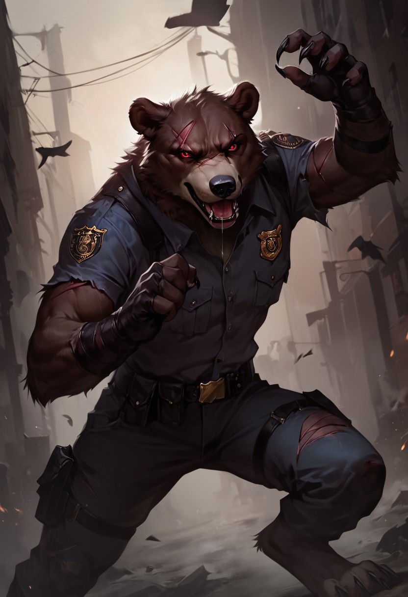 score_9,score_8_up,score_7_up,score_6_up,score_5_up,score_4_up, Urban, (source_furry), furry, shaggy fur, rippedPolice Uniform,
((anthro bear)), red eyes, red sclera, (extreme saliva, extremely drooling), Wounded bodies, infected,
Sadistic facial expressions, (Scarred Body), 
(anthro, furry), realistic, photorealism, 
(Dynamic pose, Dynamic angle), looking at the viewer