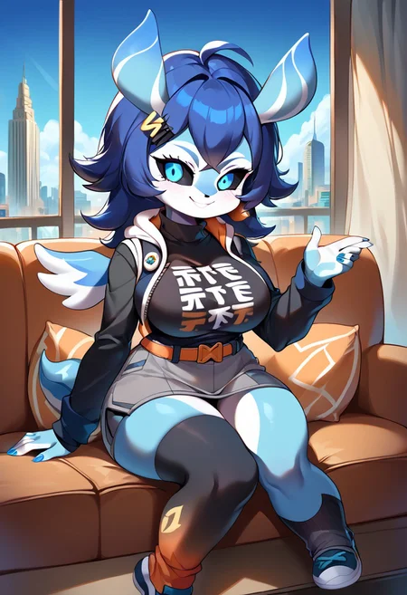 score_9, score_8_up, source_anime, source_furry, full body, 1futa, solo, mature female, curvy, (large breasts:1.5), (large bulge:1.2), (long hair:1.5), (bright blue eyes:1.5), (black sclera:1.5), glowing eyes, (blue nails:1.5), belle, blue hair, hair ornament, belt, black shirt, black thighhighs, clothes writing, earrings, fingerless gloves, gloves, grey shorts, jewelry, long sleeves, orange belt, orange flower, orange socks, shirt, single fingerless glove, single thighhigh, jacket, hoodie, turtleneck, melusine, straight ears, stubby tail, wings, blue skin, crossed bangs, flipped hair, shortstack, smile, sitting on couch, sexy pose, seductive look, room, window, curtains, cityscape, blue sky