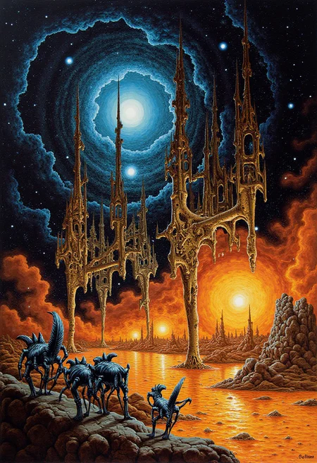 Oceans of molten metal flow through space, ripping apart stars and galaxies as they surge forward like cosmic rivers of destruction. Towering, skeletal structures rise from the galactic floor, their spires made from the bones of fallen worlds. Reality warps as invisible forces tear the sky apart, leaving behind gaping holes where the universe once stood. Out of the void, multi-limbed, insectoid gods crawl, their bodies writhing and reshaping into impossible forms as they consume the last remnants of creation. <lora:atomeaser_v1:1><lora:metal_hurlant_v1:0.5>,<lora:fantastic_planet_v1:0.2>