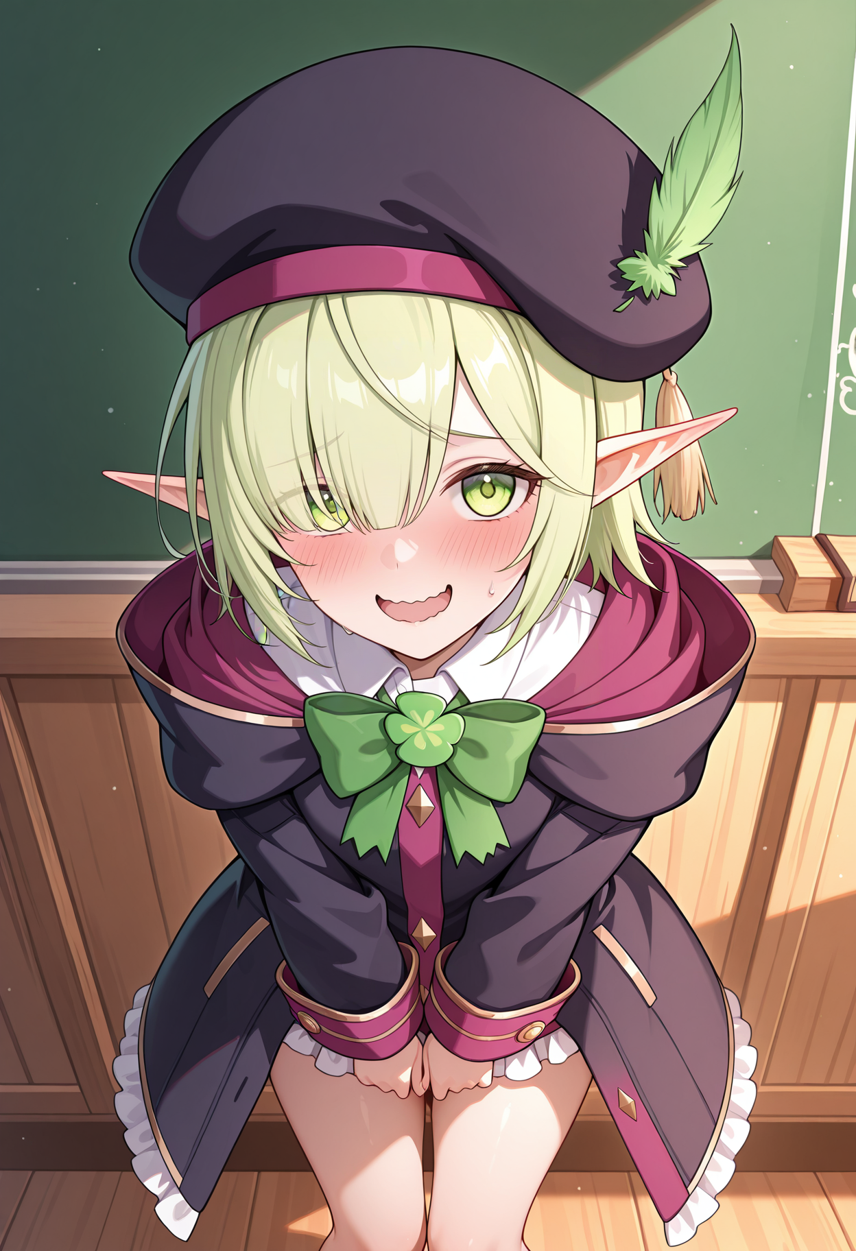 highres, best quality, masterpiece, indoors, chalkboard, 
1girl, pcraoi, short hair, elf, light green hair, pointy ears, green eyes, hair over one eye, one eye covered, 
pcaoaka, st. theresa's girls academy school uniform, hat feather, black headwear, beret, hooded coat, black coat, green bow, four-leaf clover, clover, shirt, collared shirt, frills, thighs,
looking at viewer, blush, embarrassed, smile, wavy mouth, open mouth, 
standing, bent back,
<lora:_aoi_pcr-elesico-ilxlG:1>