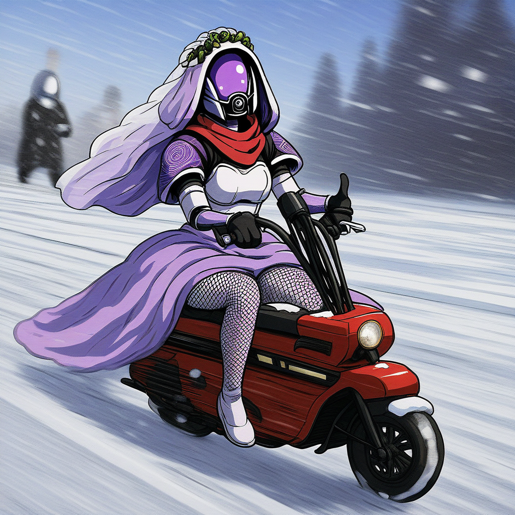 motocompo, thumbs up, red scarf, fishnet pantyhose, sitting on motocmpo, ground vehicle, riding, squating, tali, snow, bridal veil, latex