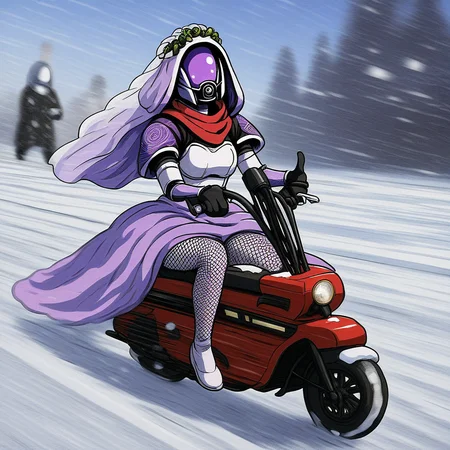 motocompo, thumbs up, red scarf, fishnet pantyhose, sitting on motocmpo, ground vehicle, riding, squating, tali, snow, bridal veil, latex