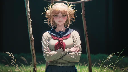 1girl, 3d render, <lora:TogaHimikoLoRA:1>, day, Nature, field,amazing background, beautiful fields, great view, c4d, blond hair, (realistic:1.3), it stands in the center of the frame, Volumetric Lighting, Best Shadows, Shallow Depth of Field,  Extremely Tall, Standing Tall, Crossed Arms, Looking At Viewer, Glaring Sunlight, (Highest Quality, Amazing Details:1.25), (Solo:1.3), Brilliant Colorful Paintings , detailed, 4k, perfect hands, <lora:Pyramid lora_Ghibli_n3_0.7+Pyramid lora_Ghibli_v2_0.3:1>