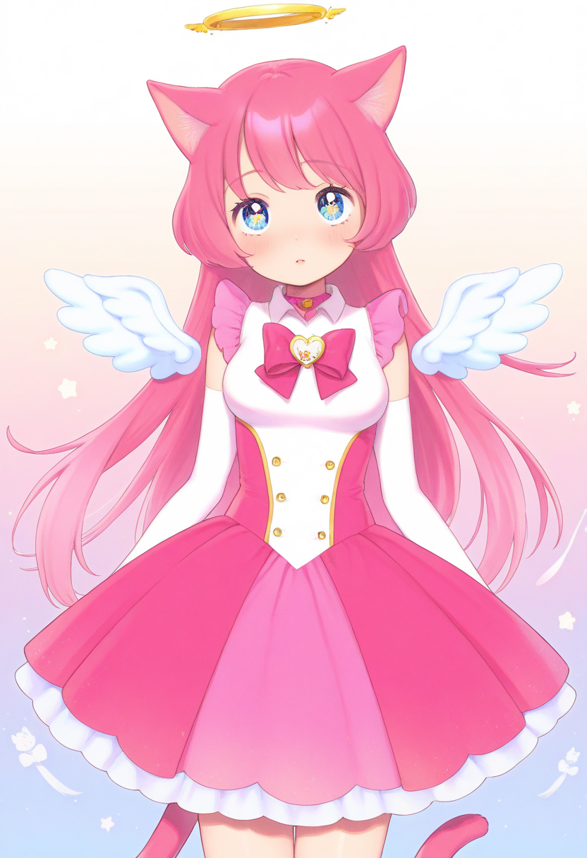 best quality, amazing quality, very aesthetic, absurdres,
BREAK
1girl, angel wings, animal ears, blue eyes, cat ears, cat girl, cat tail, dress, long hair, looking at viewer, magical girl, pink hair, pink theme, solo, tail, wings, yume kawaii, yume ne,  <lora:MoryoNoob_byKonan:1>