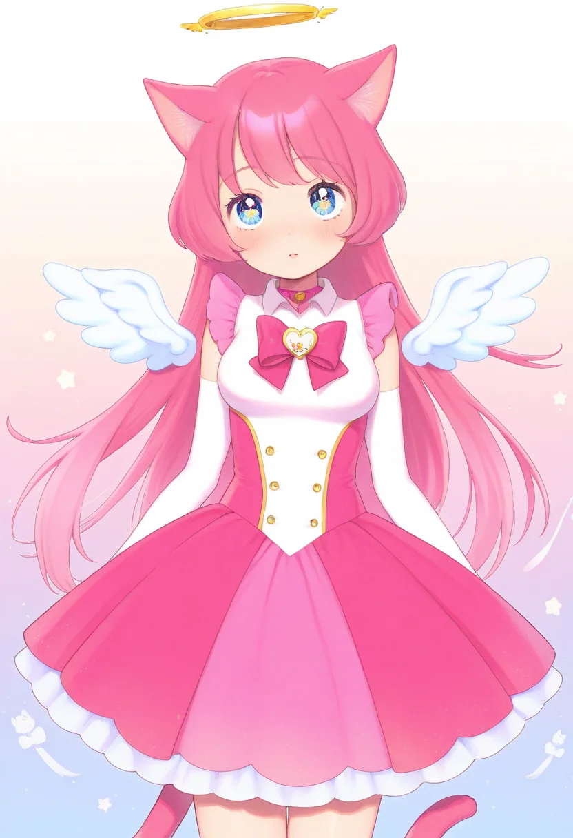 best quality, amazing quality, very aesthetic, absurdres,
BREAK
1girl, angel wings, animal ears, blue eyes, cat ears, cat girl, cat tail, dress, long hair, looking at viewer, magical girl, pink hair, pink theme, solo, tail, wings, yume kawaii, yume ne,  <lora:MoryoNoob_byKonan:1>