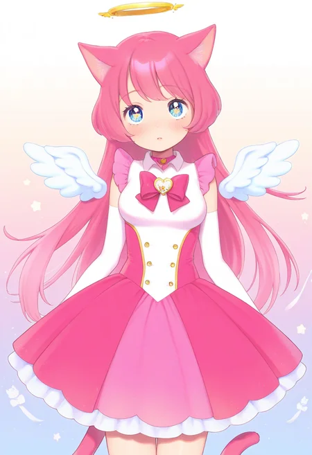 best quality, amazing quality, very aesthetic, absurdres,
BREAK
1girl, angel wings, animal ears, blue eyes, cat ears, cat girl, cat tail, dress, long hair, looking at viewer, magical girl, pink hair, pink theme, solo, tail, wings, yume kawaii, yume ne,  <lora:MoryoNoob_byKonan:1>