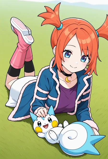1girl, the pose, petting, smile, pachirisu, <lora:RuiPKMN-illu:1> ru1, orange hair, short twintails, blue eyes, black choker, pendant choker, crescent, purple shirt, blue jacket, fur trim, long sleeves, open jacket, white skirt, black socks, kneehighs, knee boots, pink boots, grass, outdoors, masterpiece, best quality, good quality, newest
