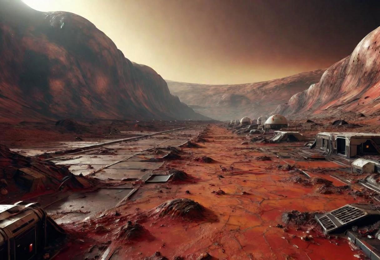 EdobHorrorLandscape,
A landscape of a deserted mars base,
hopeless, nightmare, 
trash, corpses, blood,
HDR, HD textures, intricated details, 8k,