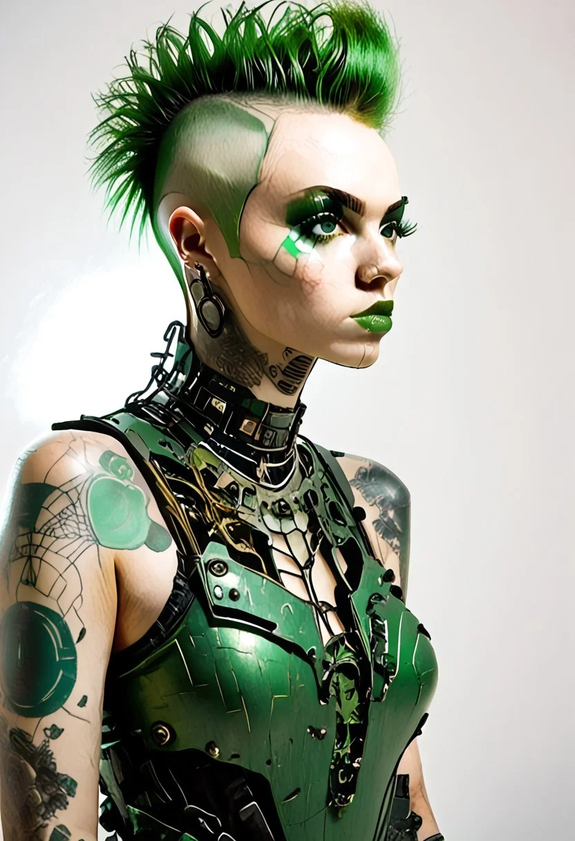 score_9, score_8_up, score_7_up, P0ll4, green hair, mohawk, short hair, undercut, makeup, green eyes, tattoo, breasts. green pubic hair, female pubic hair, powerful female cyborg, high contrast, film grain, Rim Lighting