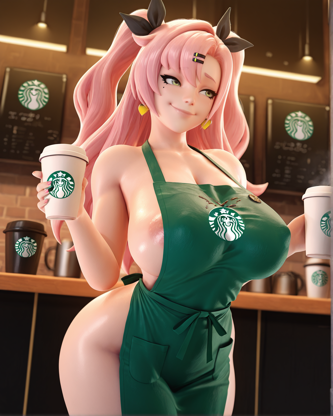 masterpiece, best quality, 3d, realistic, f0rceb4llfx, 1girl,nicole demara, starbucks, naked green apron, holding coffee cup, wide hips, huge breast, smile, ,<lora:ForceballfxIL:1>