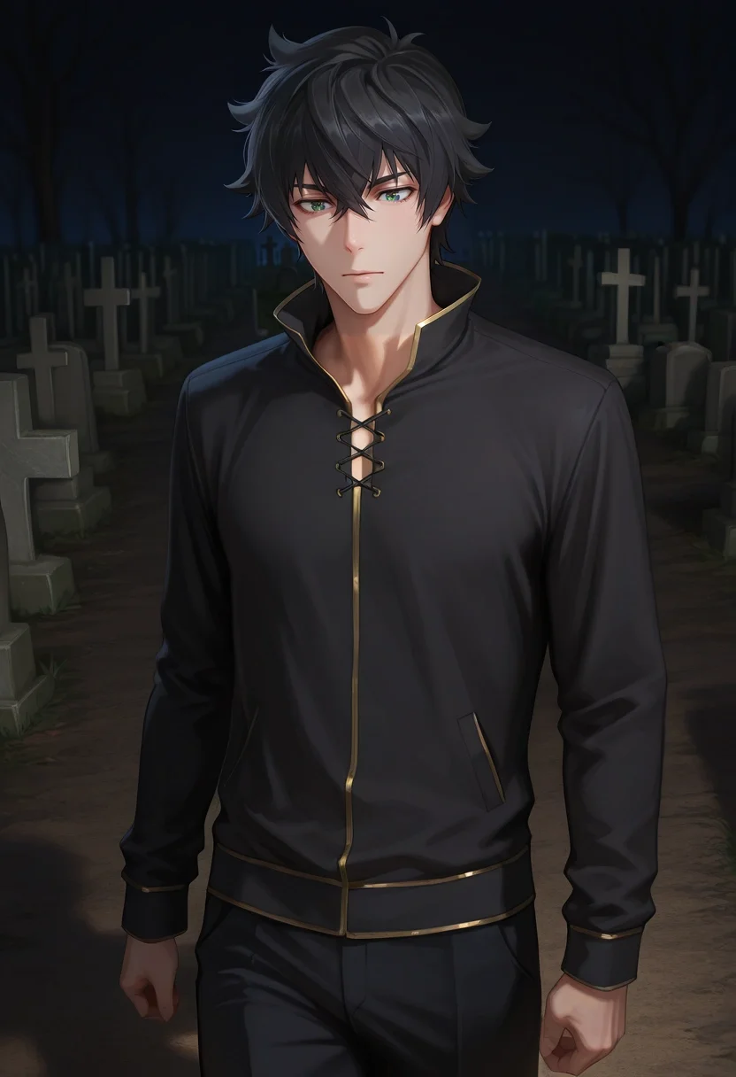 masterpiece, best quality, intricate details, semi-realistic, , 1boy, solo, male focus, <lora:naofumi_iwatani_ilxl:0.92>, naofumi_iwatani, black hair, green eyes, short hair, hair between eyes, bangs, , cowboy shot, cemetery, dark, jumping, sparkling eyes,