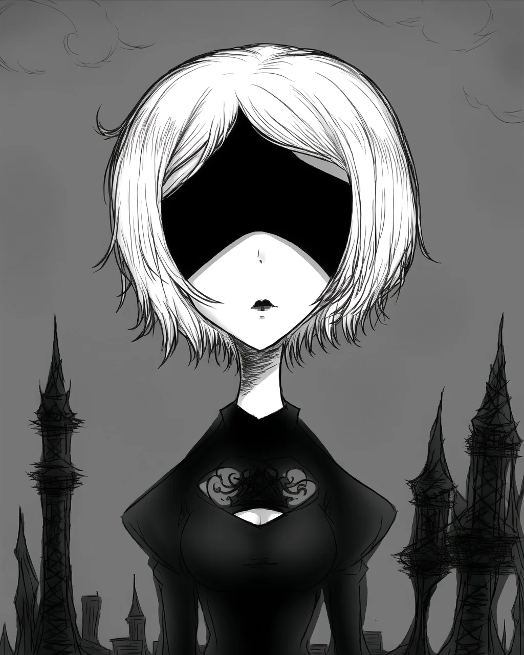 burtonesque, 1girl, gothic, beautiful, medium shot, gloomy, yorha no. 2 type b, black blindfold, silver hair, detailed, city background <lora:burtonesque2:0.75> <lora:2bNierAutomataLora_v2b:0.6>