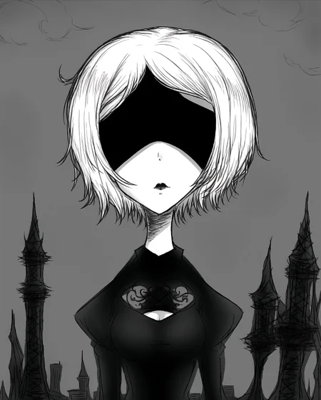 burtonesque, 1girl, gothic, beautiful, medium shot, gloomy, yorha no. 2 type b, black blindfold, silver hair, detailed, city background <lora:burtonesque2:0.75> <lora:2bNierAutomataLora_v2b:0.6>