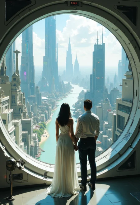 highest details, ultra hyper realism. highly detailed and realistic. intricate and highly professional artwork, an absolute masterpiece.
A high-quality digital painting depicts a man and woman admiring a futuristic cityscape through a large window. The woman wears a flowing white dress, and the man is in casual attire. The lighting is soft and natural, enhancing the scene's beauty.
<lora:artilands_v02_epoch_6:1>