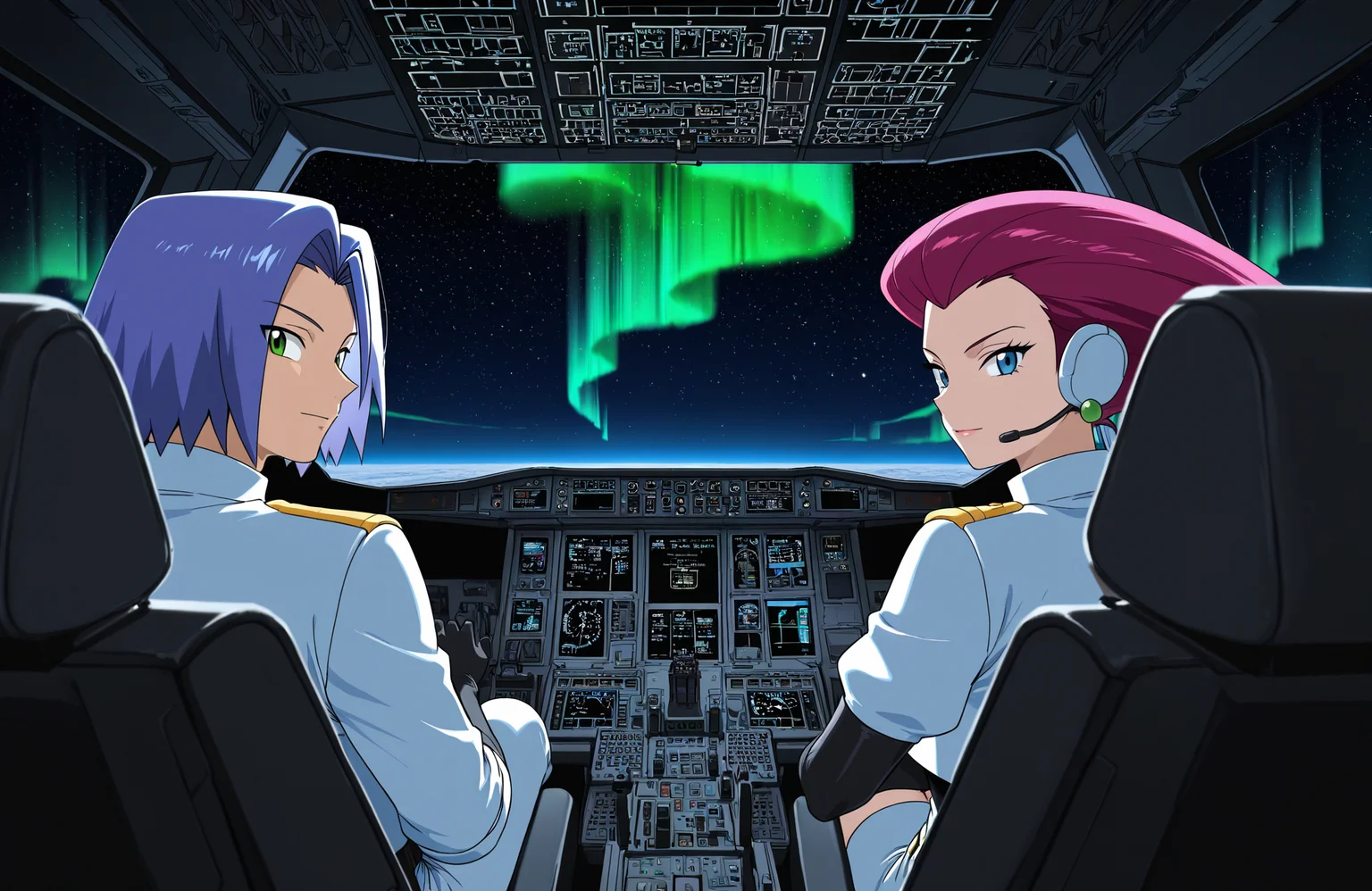 anime coloring,
<lora:[Concept - IL] A380 Cockpit (R2E10):0.7> a380cockpit,
1boy, 1girl,
james \(pokemon\), jessie \(pokemon\),
looking back, looking at viewer, facing away,
navigation display,
overhead panel,
thrust lever,
sitting, seat,
pilot uniform, headset,
indoors,
from behind, 
night, aurora borealis, starry sky, outer space, upper atmosphere, curved horizon, earth, space station,
best quality, masterpiece,