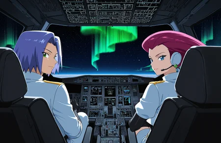 anime coloring,
<lora:[Concept - IL] A380 Cockpit (R2E10):0.7> a380cockpit,
1boy, 1girl,
james \(pokemon\), jessie \(pokemon\),
looking back, looking at viewer, facing away,
navigation display,
overhead panel,
thrust lever,
sitting, seat,
pilot uniform, headset,
indoors,
from behind, 
night, aurora borealis, starry sky, outer space, upper atmosphere, curved horizon, earth, space station,
best quality, masterpiece,