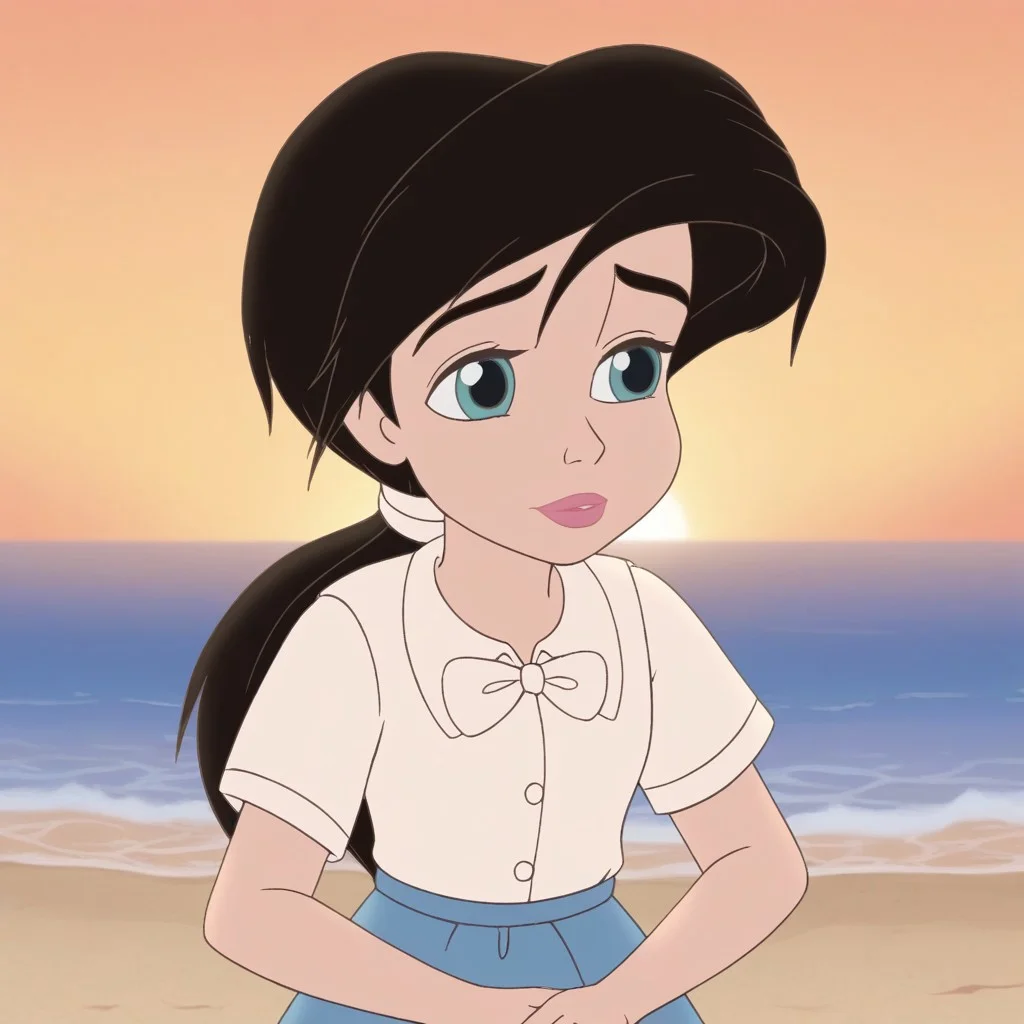 close up,melody,aqua eyes,thick eyebrowns,black hair,ponytail,pink lips,white hairband,arms down,white shirt,white bowtie,blue skirt,sea,yellow sunrise beach background