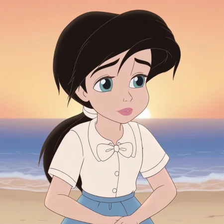 close up,melody,aqua eyes,thick eyebrowns,black hair,ponytail,pink lips,white hairband,arms down,white shirt,white bowtie,blue skirt,sea,yellow sunrise beach background