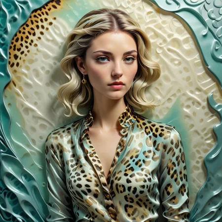 female model print, ethereal style, straight-haired, glass stain, silk, baroque style, 3D Shadows, cool colors, leopard pattern, post modern effect, bevel accents, interlaced, satin texture, tarnished finish <lora:artfully_ETHEREAL-GEOMETRIC-FLORAL-FUSION:1>,