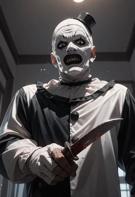score_9, score_8_up, score_7_up, score_6_up, score_9, score_8_up, score_7_up, score_6_up, <lora:terrifier_v2.5-pony:1.0>
1boy, monster, upper body, black and white costume,
looking down, knife, from below, looking at viewer,
<lora:micro_gold_dress_v0.6-pony:1>